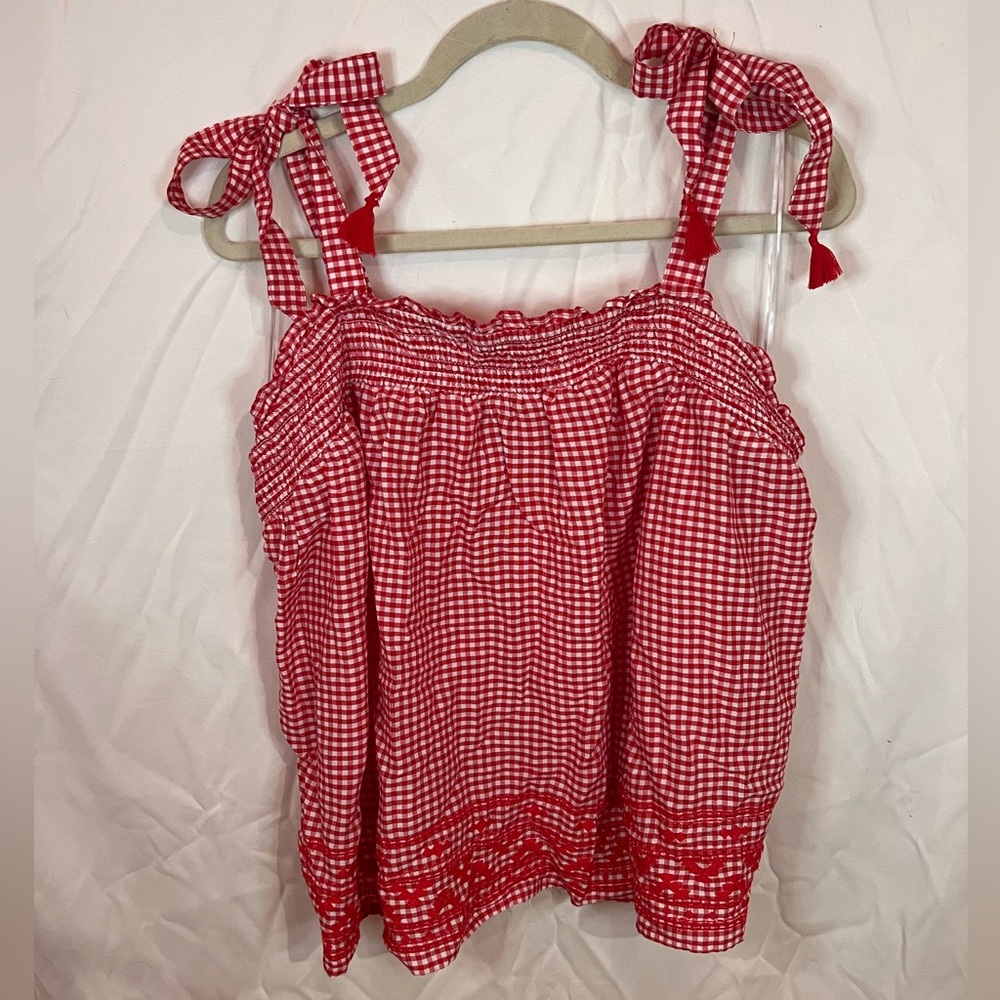 NWT! Old Navy Smocked Tie-Shoulder Red & White Gingham Tassel Top Women, Size XL - Picture 2 of 7